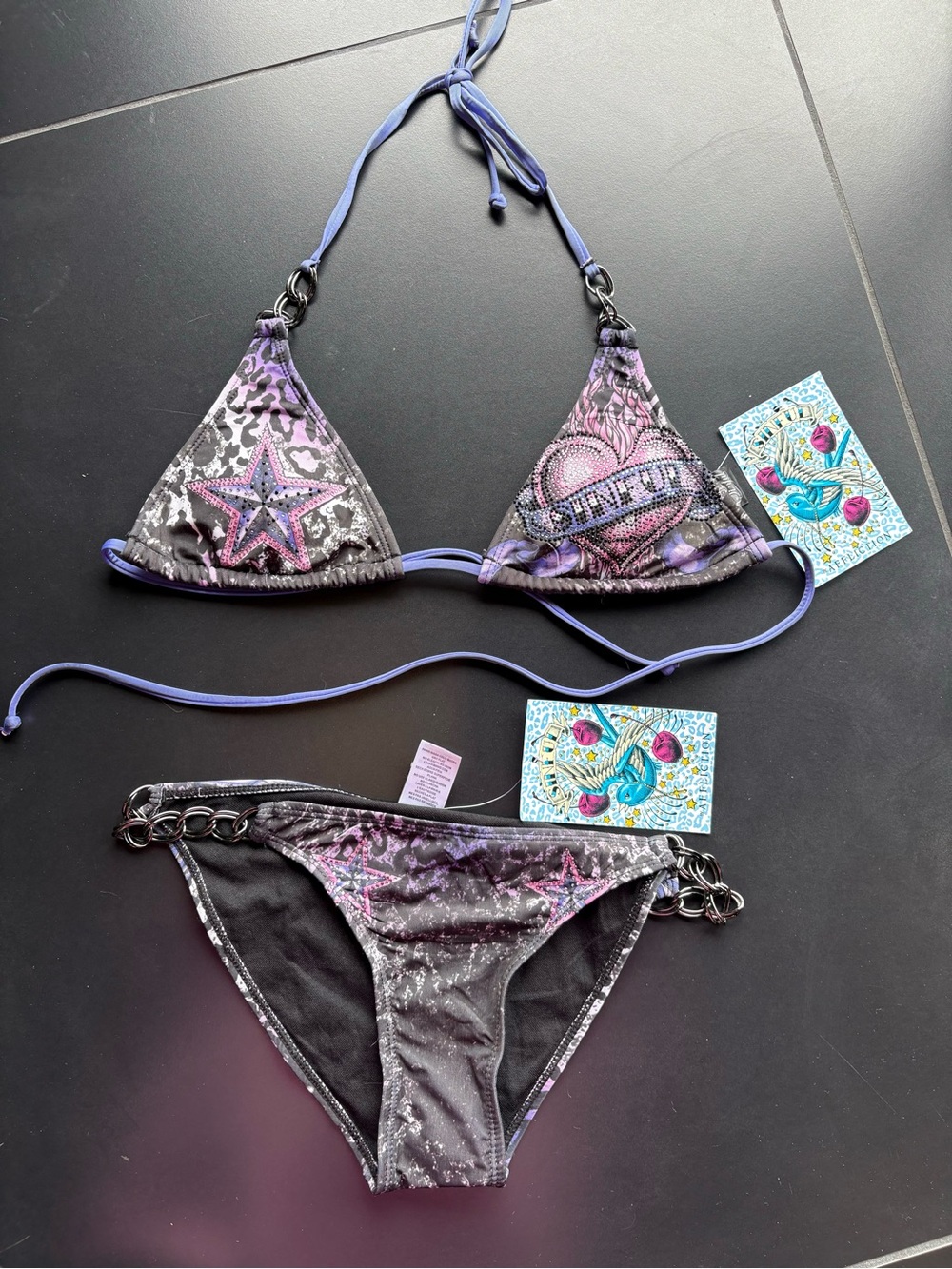 Sinful Purple Star & Heart Triangle Bikini Set with Rhinestones & Chain Accents